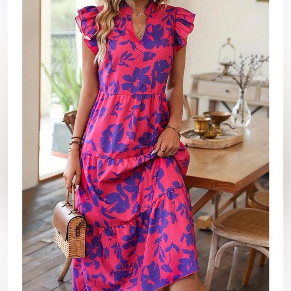 Dresses & Skirts - NWOT- Pink and Purple Floral Flutter Sleeve Tier Ruffle Midi Dress Size M